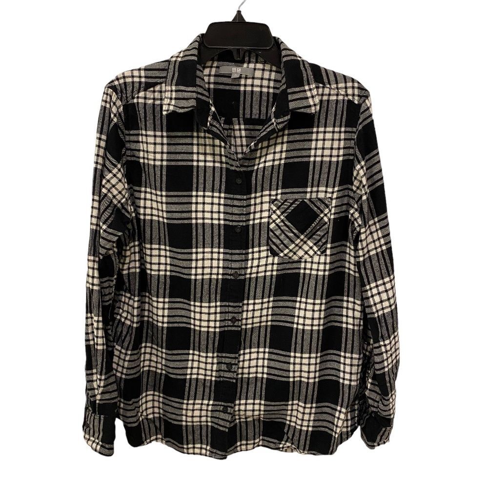Uniqlo Black White Plaid Flannel Long Sleeve Button Down Shirt Pocket XL